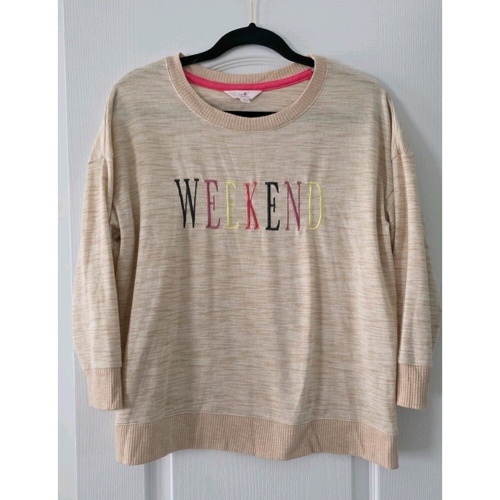 Sweet Treasures Weekend Embroidered Sweater Beige Marled Knit Cozy Pullover M